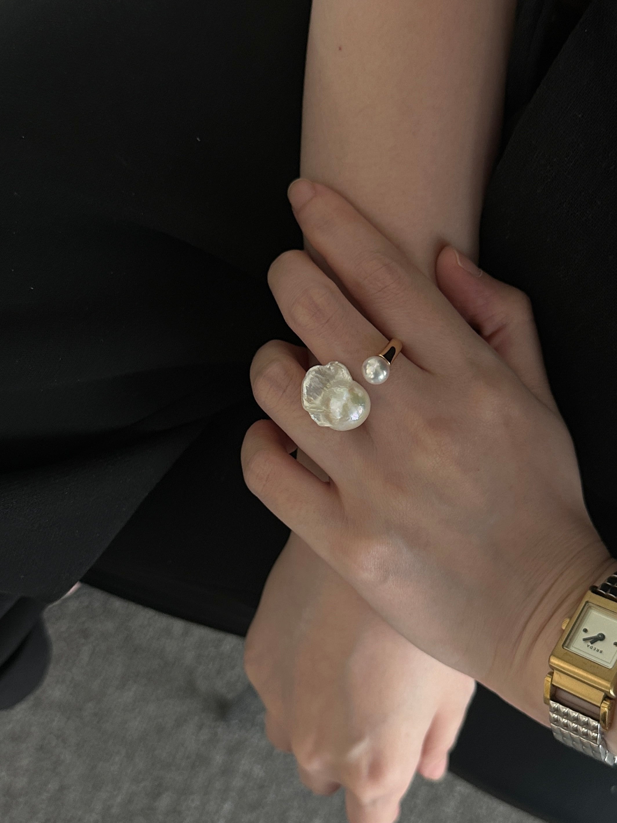 Unique Baroque Pearl Ring Irregular Open Design Cocktail Ring